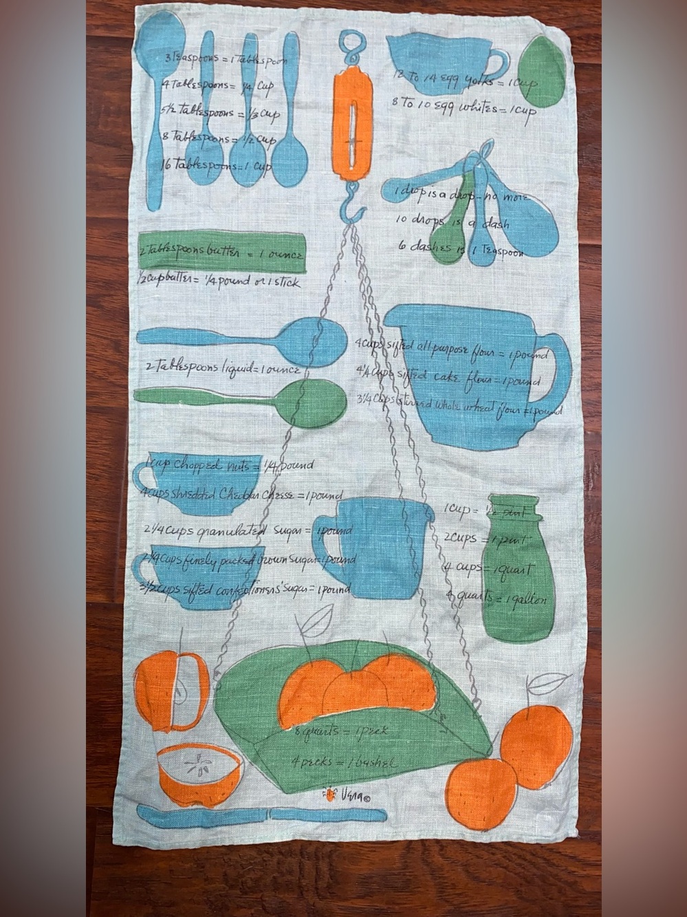 intage VERA Ladybug Linen Dish Towel Cooking Measurement Chart Blue Green   AA21